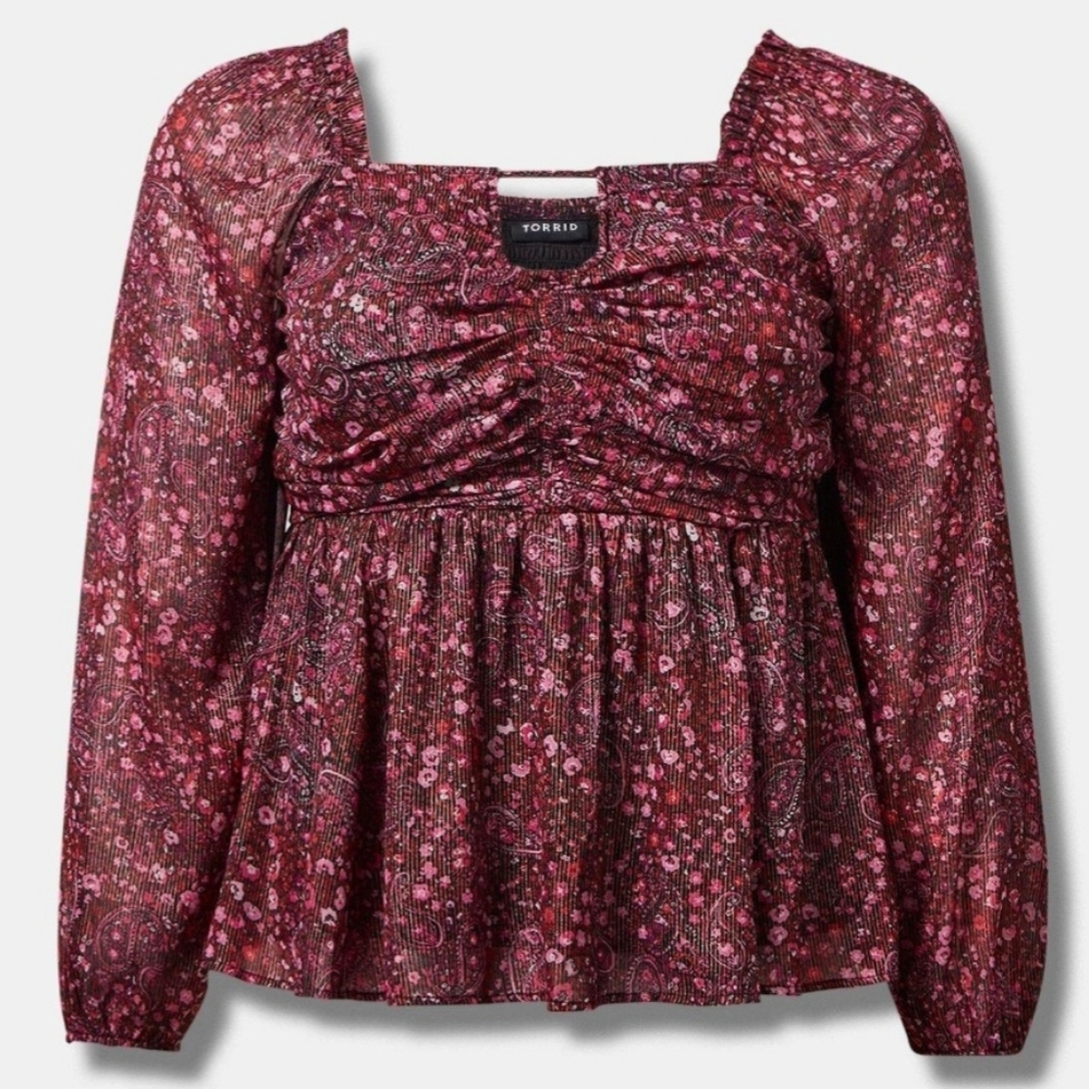 torrid Burgundy & Pink Paisley Smocked Peplum Blouse